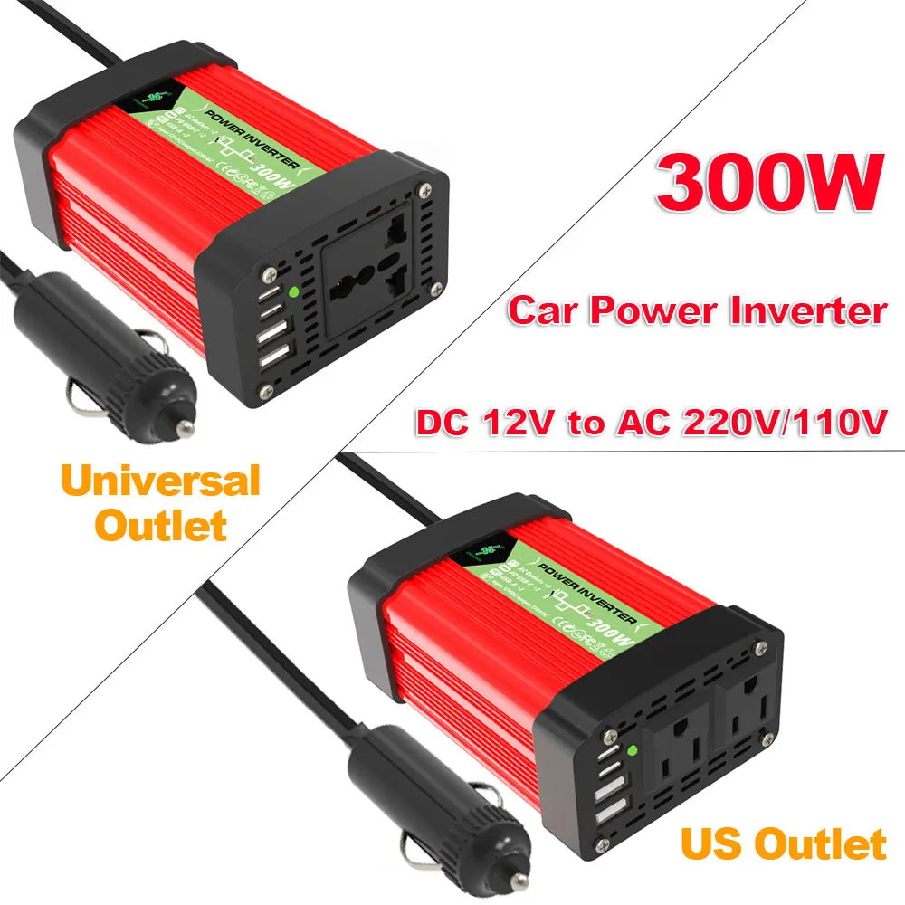 300W Car Power Inverter DC12V To AC110V Converter with 2 USB Ports and 2 Type-C 25W Fast Charging Inverter Universal/US Outlet