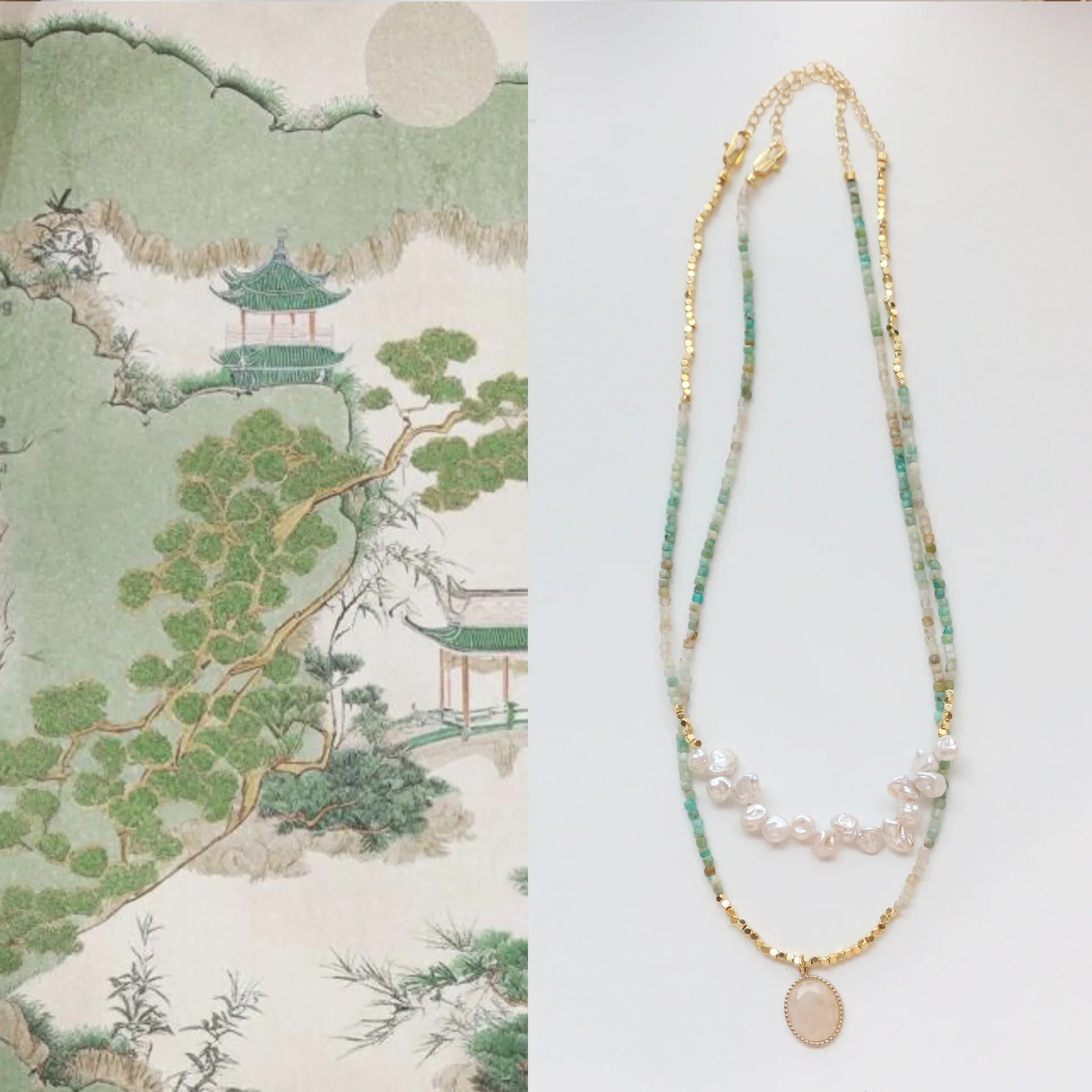 

Модное акварельное ожерелье из натурального амазонита с градиентом, бусины, медное покрытие 18-каратным золотом, креативное украшение в виде цветка, подарки