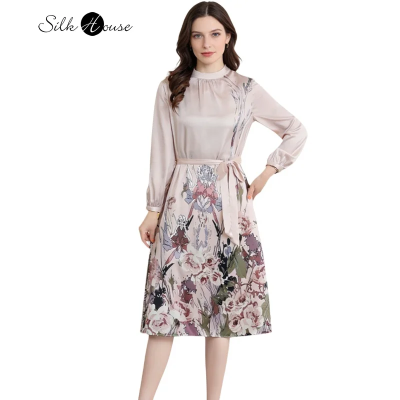 2026 Primavera/Estate delle donne Nuovo Stile 91.8% Seta di Gelso Naturale Raso Elastico Moda Stand-up Manica Corta Stampato Vestito Da Partito