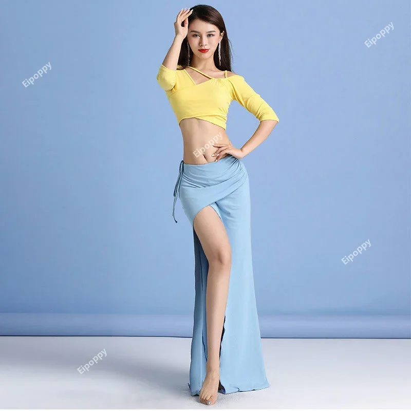 Zestaw do ćwiczeń tańca brzucha dla dorosłych kobiet, elegancki top, spódnica z rozcięciem, strój do tańca orientalnego, kostium sceniczny do tańca brzucha.