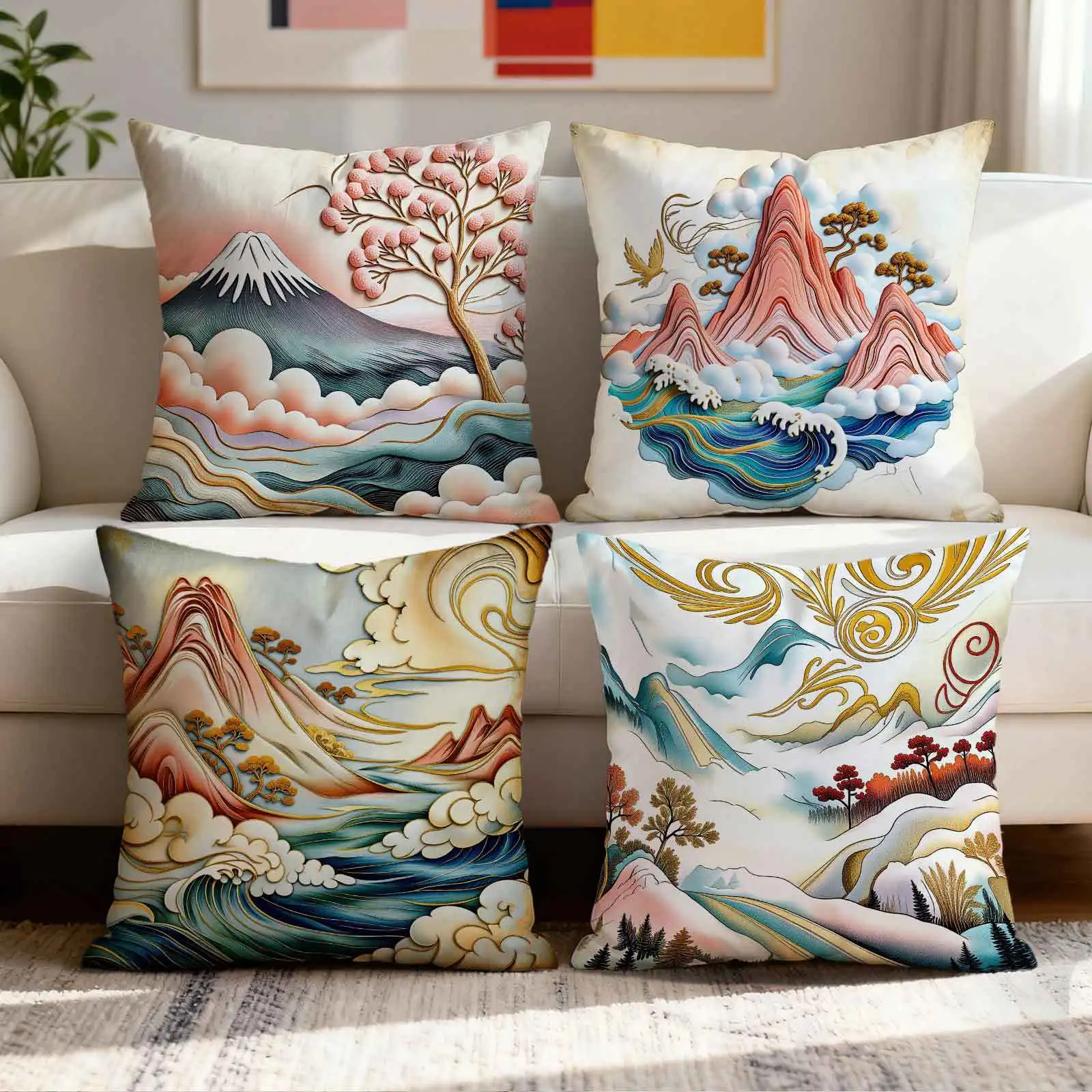 Mountain scenery with golden waves digital printing pillow cover Short plush Suitable living bedrooms sofas throw cushion cover