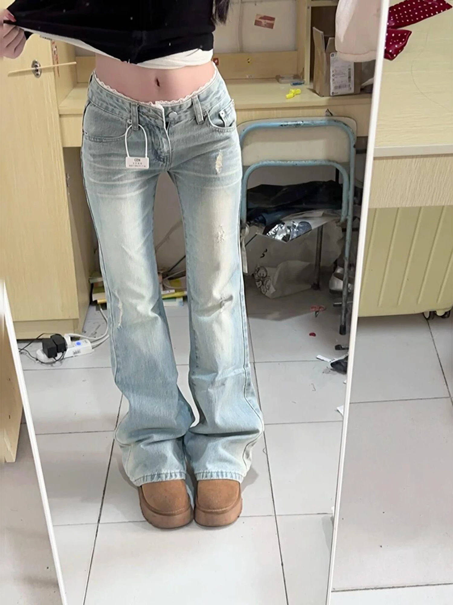 

Retro Low Waist Lace Patchwork Flared Denim Jeans Women's Straight Leg Floor-Length Pants Summer Design Slimming Effect