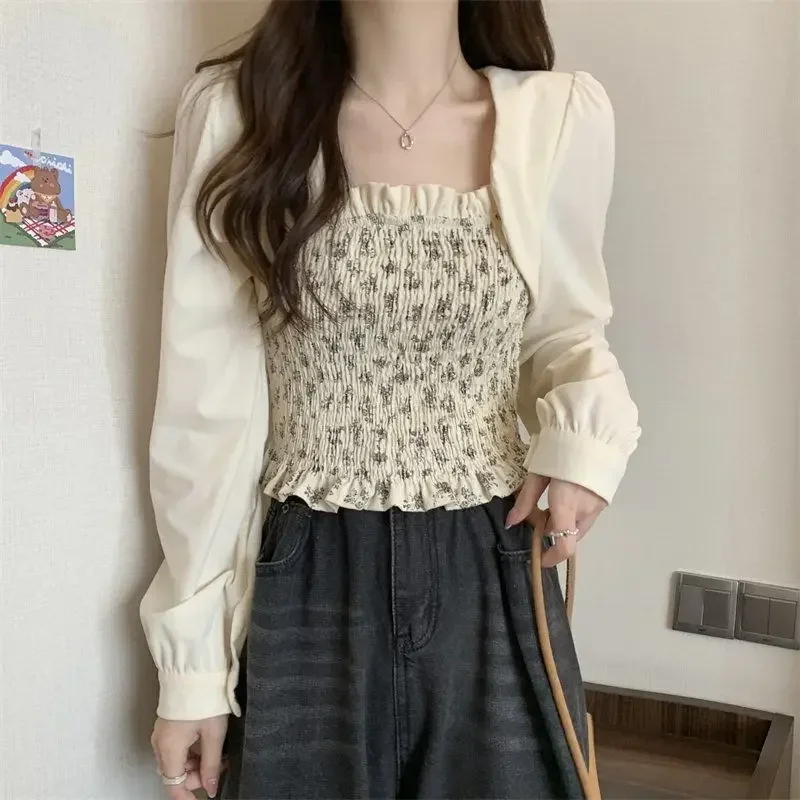 

Blouses Women Vintage French Style Patchwork Design Simple Ruffles Aesthetic Blusas Mujer Autumn Chic Slim Crops Femme Popular