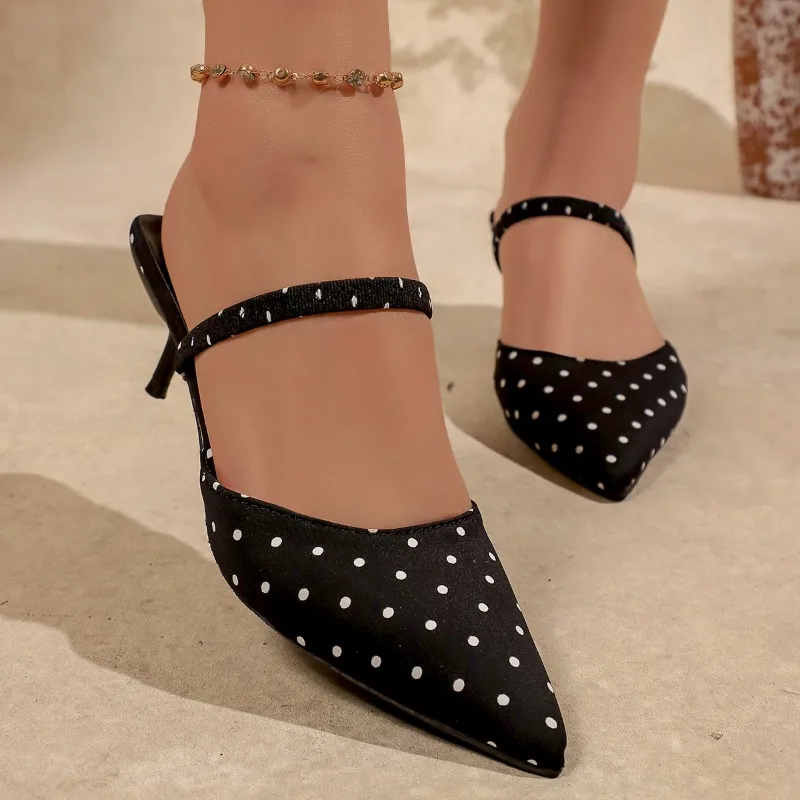 Elegant Polka Dot Slingback Kitten Heels for Women - Black Pointed Toe 5.5CM Mid Heel Retro Office & Evening Party Shoes