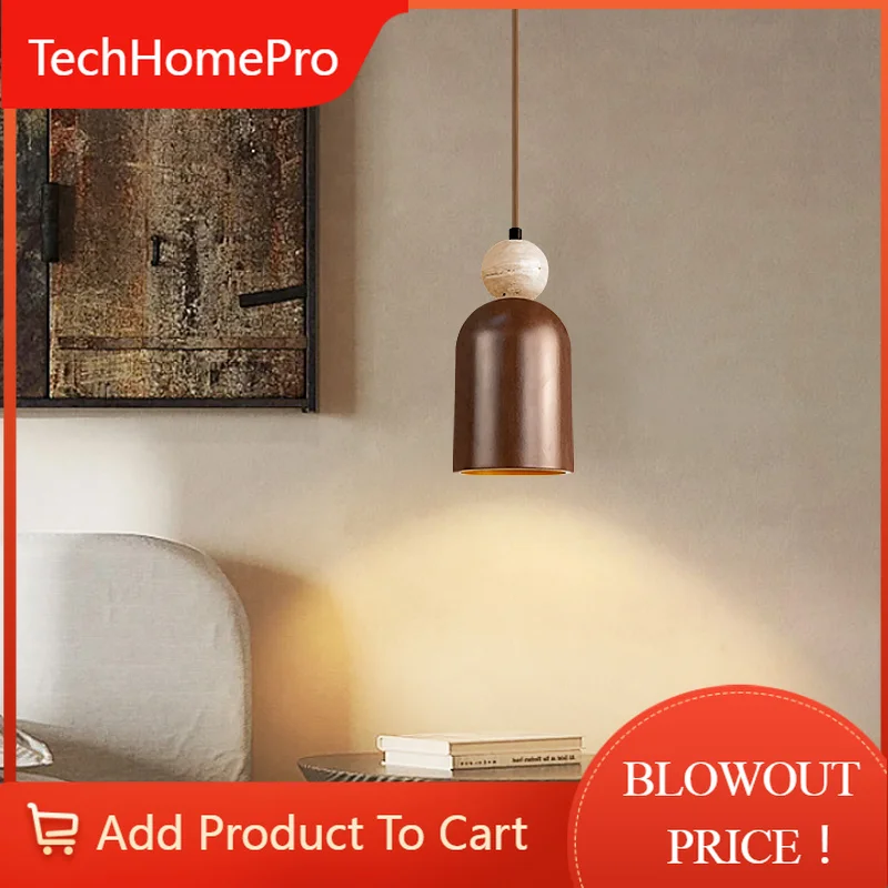 TechHPJapanese Wabi-Sabi Stone Pendant Light Led Yellow Travertine Hanging Lamp For Bedroom Bedside
