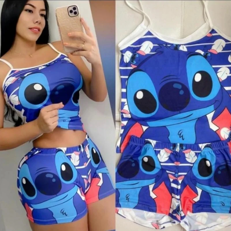 

Disney Stitch T-Shirt Short-Sleeved Summer Cartoon New Kawaii Two-Piece Yoga Suit Sports Shorts Suit Sexy Suspender Pajamas Suit