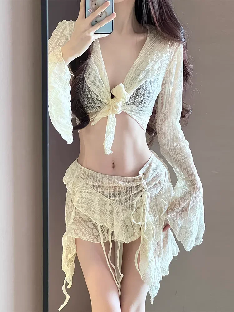 

Bikini Swimsuit Women's 2024 New Lace Long Sve Sexy Slimming Hot Springs Beach Vaion Four-piece Set V-ne with Chest Pad