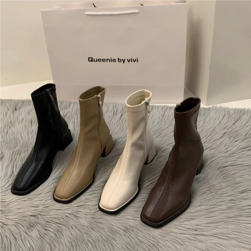 

Vintage Warm Cotton Women Ankle Boots Fashion Elegant Square Toe Shoes Autumn Winter Thick Heel Women's Short Booties