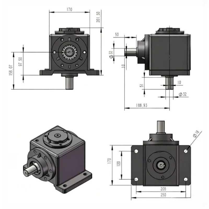 For 6-Module Right Angle Gearbox Reducer Power Transmission Reversing Gearbox Tractor Rear Output Drive Speed Change Gear Box