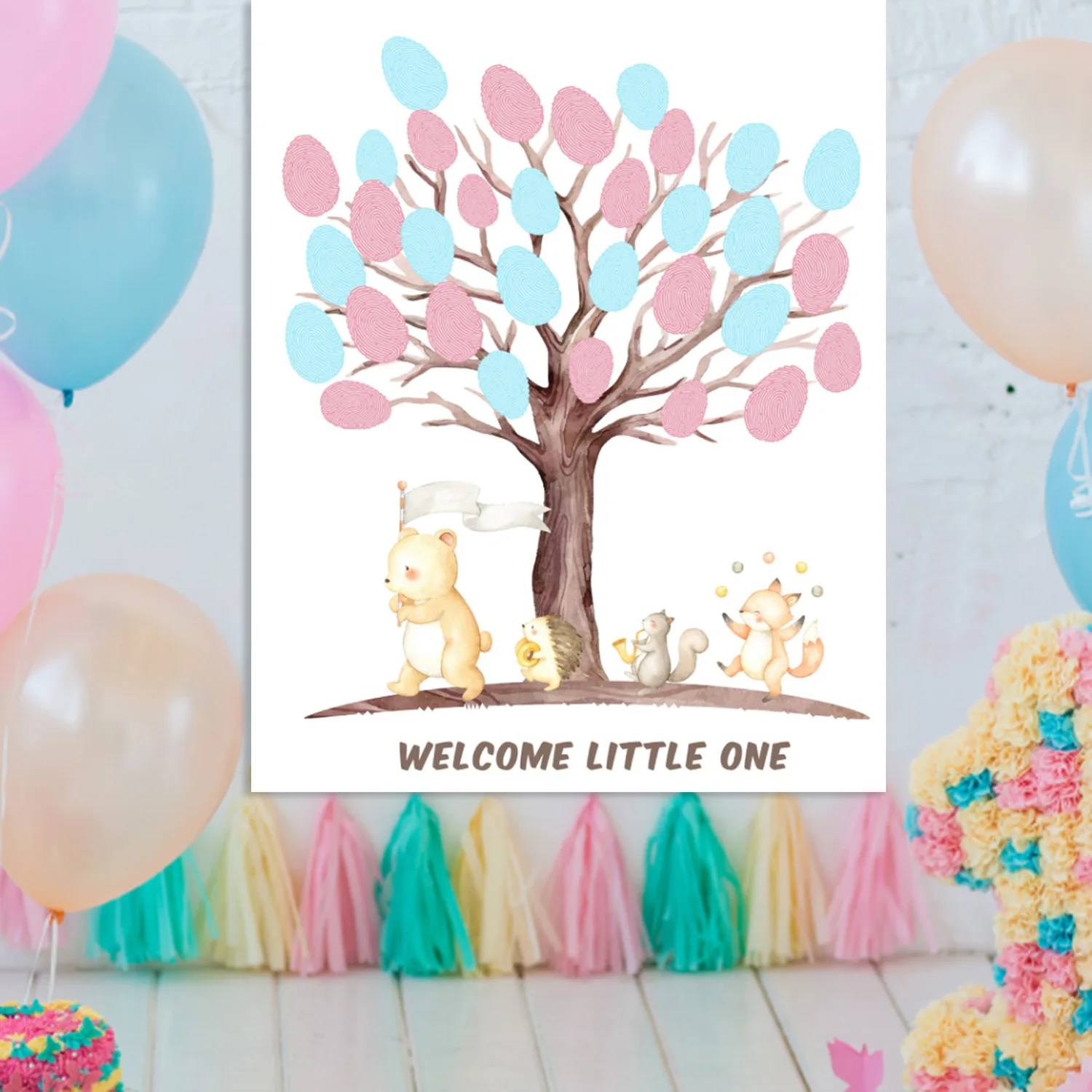 Cute Animals Baby Shower Gender Reveal Fingerprint Tree with Inkpad Party Guest Sign-in Book Special Meaningful Keepsake