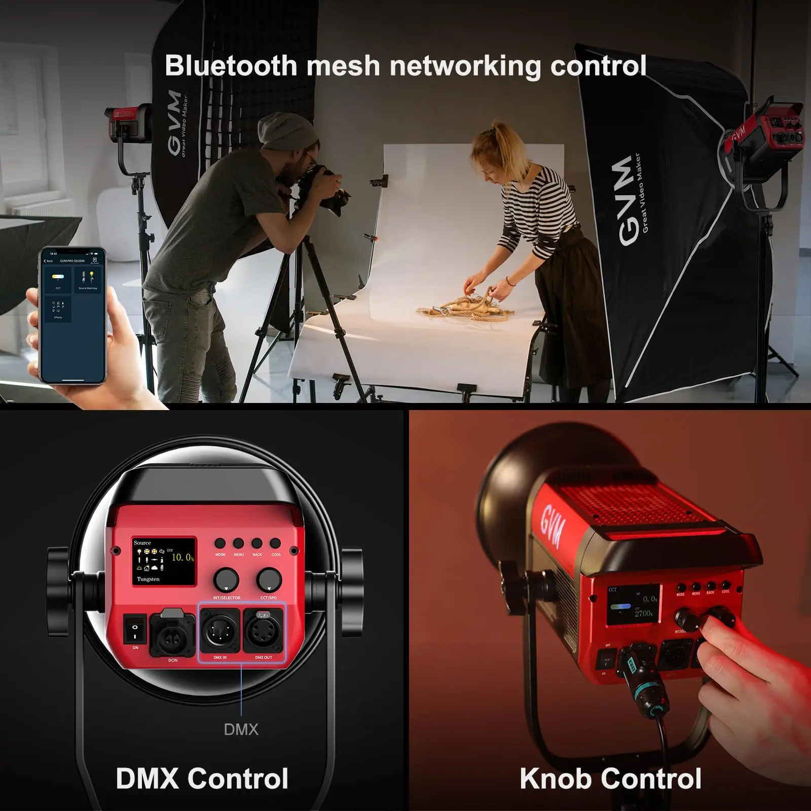 Imagem -04 - Kit de Iluminação com Bluetooth Mesh Network Led Video Light Controle Dmx Studio Light 200w 2700k6800k Gvm Sd200b Pro