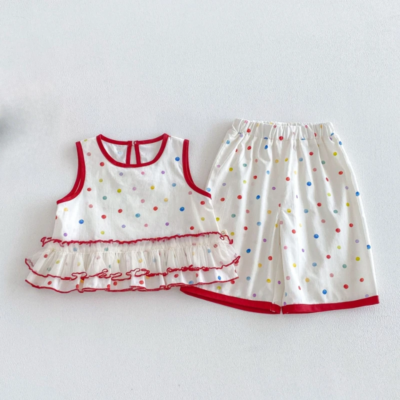 

2026 New Summer Hot Selling Children's Cute Lace Colored Polka Dot Vest and Shorts Two-piece Set