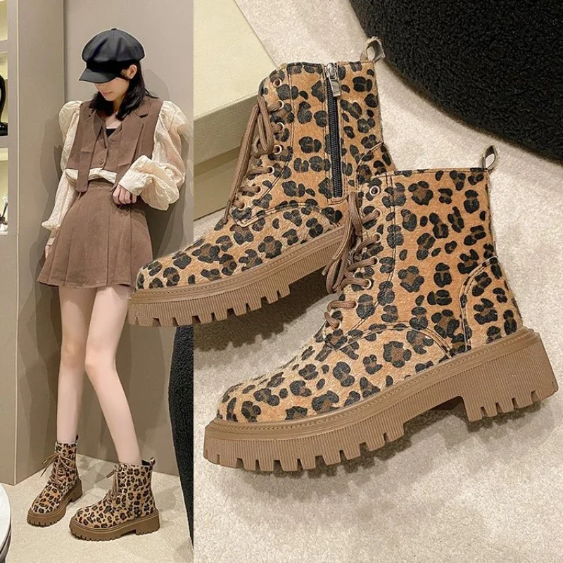 Shoes for Women 2025 Lace Up Zipper Casual Lady Fashion Boots Winter Round Toe Mixed Colors Leopard Chunky Heels Plus Size Boots