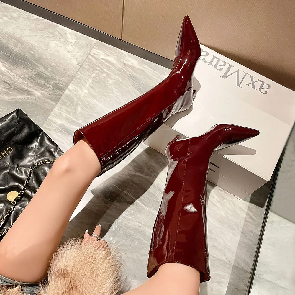 Arden Furtado 2024 Burgundy Patent Leather Knee high boots Pointed toe Slip-on Stilettos heels Modern boots Large size boots