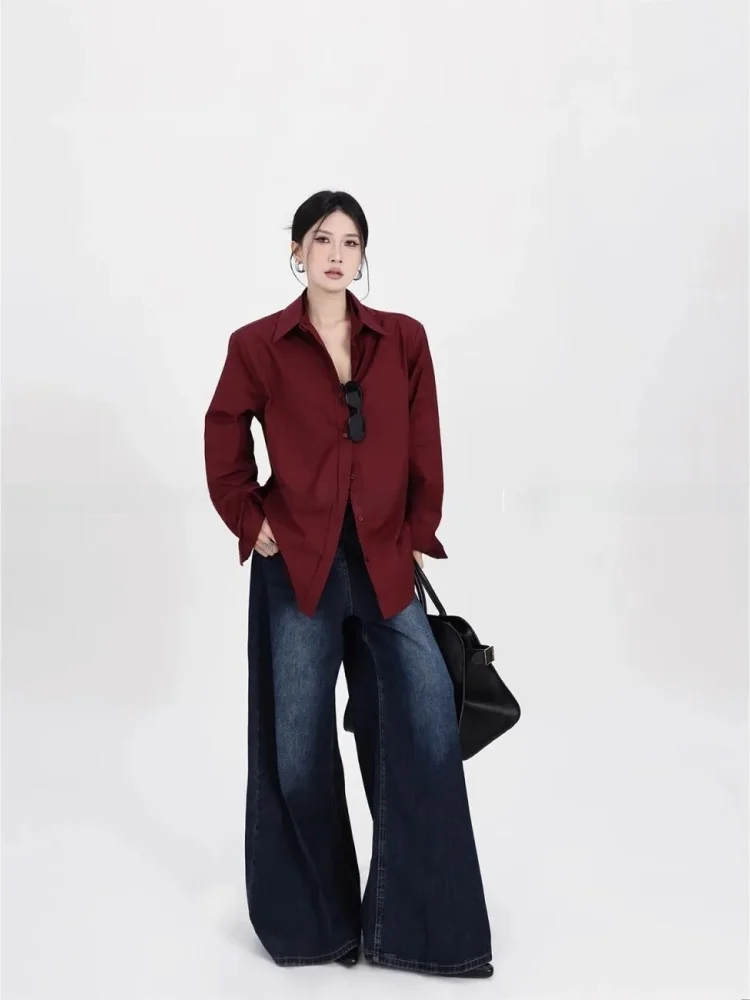 

Модная темно-красная блузка с длинным рукавом, свободного кроя, в корейском стиле, для повседневной носки, с простым дизайном, женская.