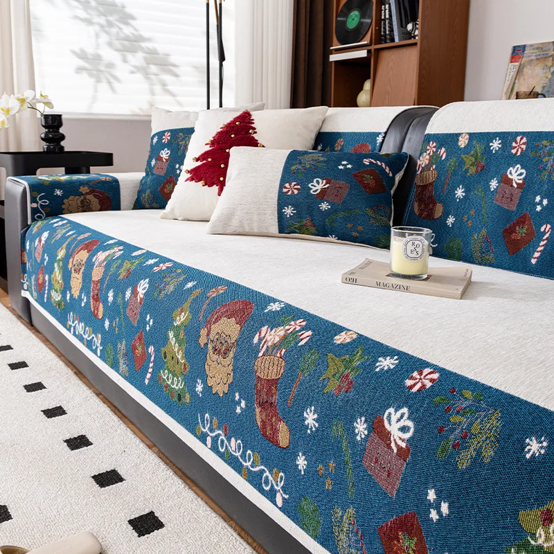 Christmas-Style Chenille Sofa Cushions Cover High-End Straight-Line Anti-Slip Covers Machine-Washable One-Piece Sofa Towel
