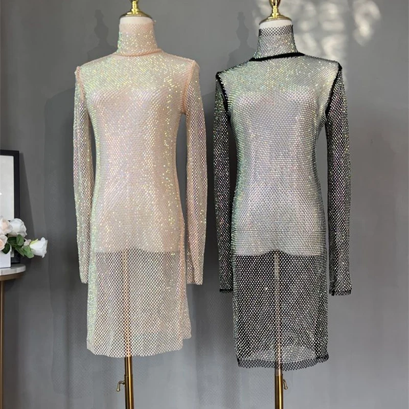 Damen Glänzendes Strass-Mesh-Midikleid mit Rollkragen, Langen Ärmeln, Durchsichtiges Bodycon-Kleid, Sexy Schlankes Party-Nachtclub-Abendkleid – Detail 1