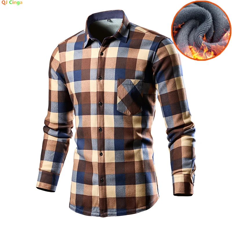 Winter New Men\'s Plaid Long-sleeved Shirt, Single-breasted Square Collar Padded Shirts, Fashion Slim Camisa / Chemise Asian Size