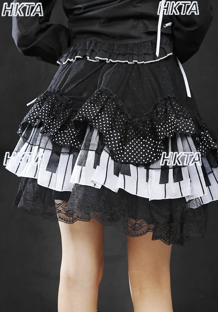 

Punk Aesthetic Y2K Skirt Women Girls Lolita White Piano Key Polka Dot Lace Short Skirt Commuting Ruffled Black Puffy Skirts