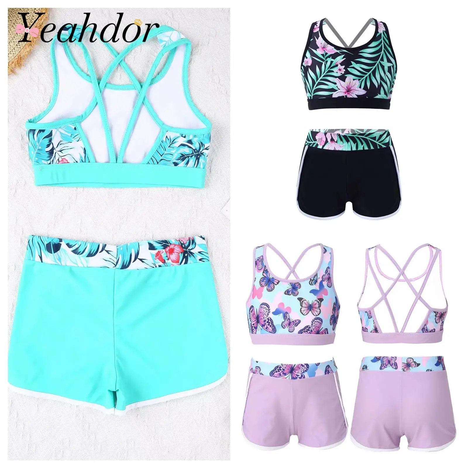 

Kids Bathing Suit Girl'sSwimsuit Outfit Crop Top with Boyshorts Childrens Swimwear Swimming Set Beach Pool Printed Two Pieces