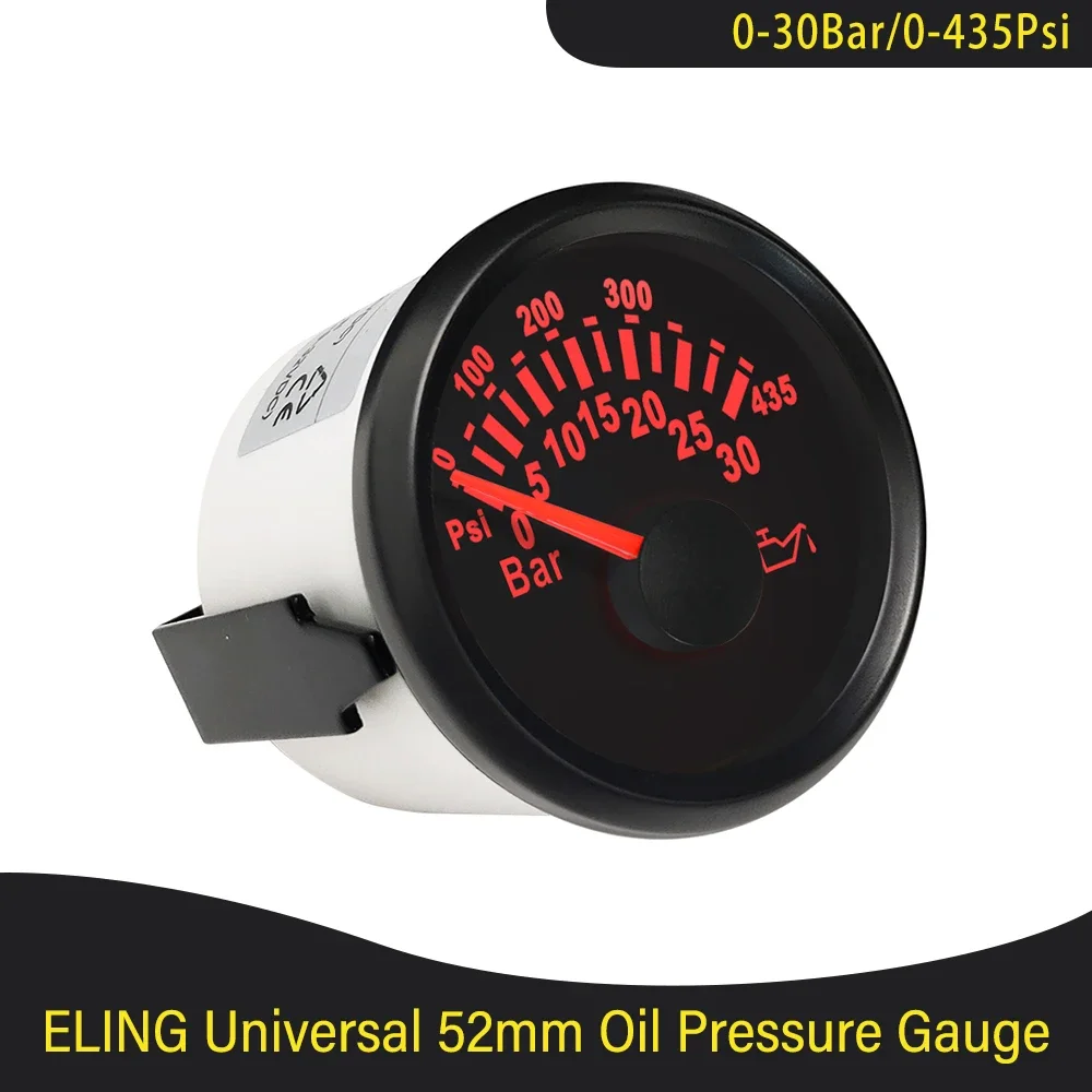 Waterproof 52mm Oil Pressure Gauge Meter 0-30Bar 0-435Psi with Red Backlight for Truck Yacht Car Boat Universal 9-32V