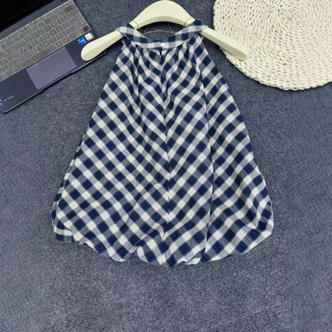 Spring and Summer 2026 New Temperament Personality Fashion Plaid Contrasting Color Round Neck Neck Fluffy Bud Hem Meat Cover Top