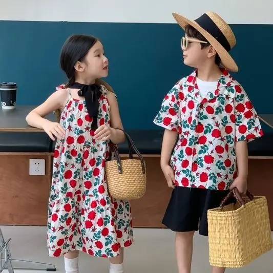 Siblings Outfit Children Summer Girls Retro Floral Suspender Dress Boys Short Sleeved Floral Shirt Set Siblings Outfit