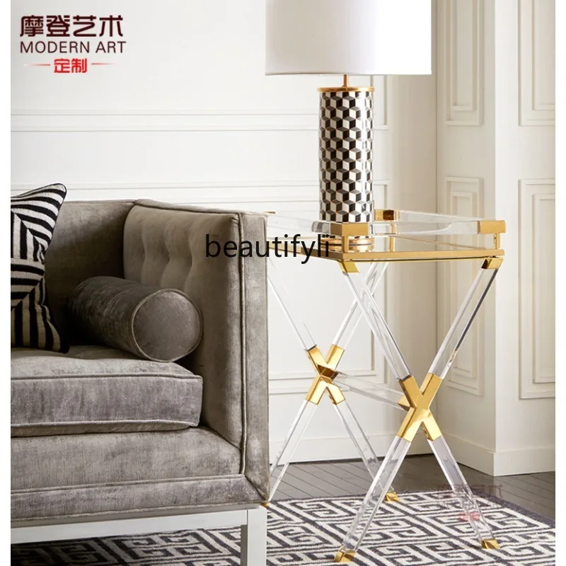 Nordic light luxury living room side table metal acrylic transparent small coffee table sofa side table