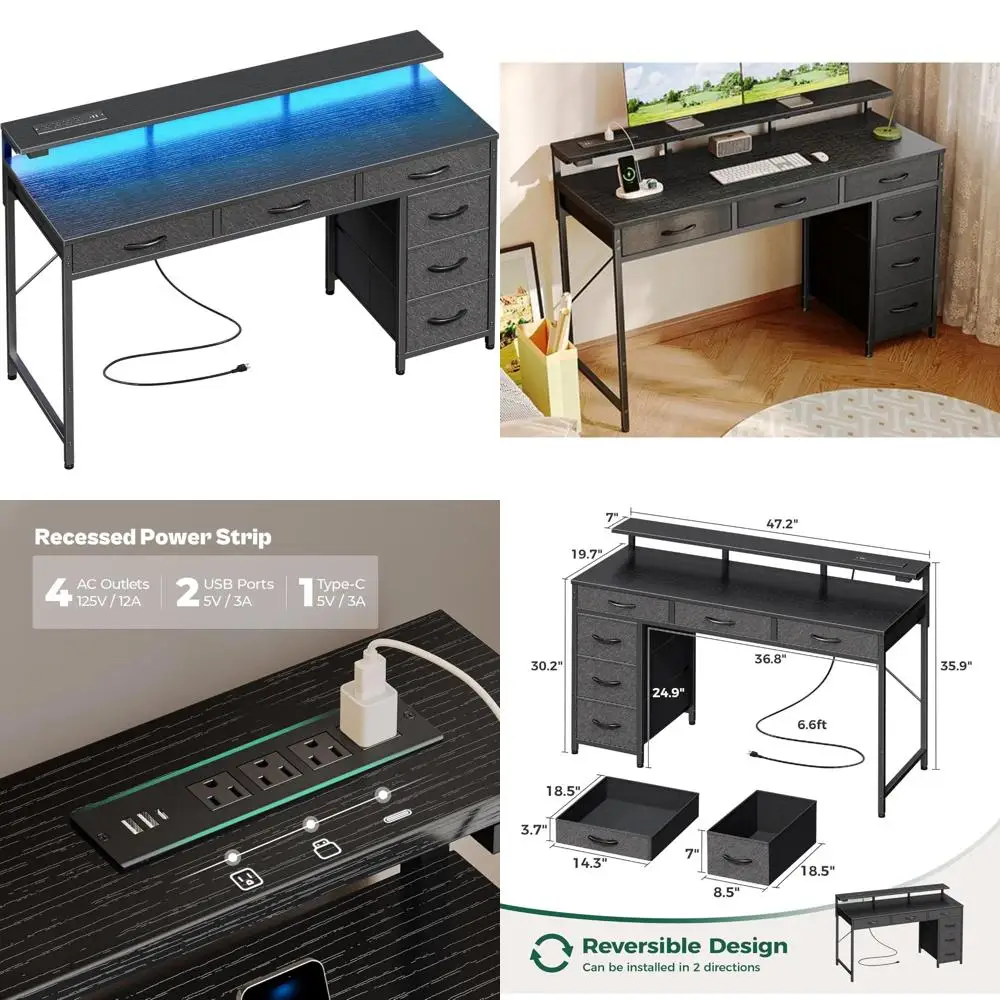 

Spacious 47 Inch Gaming Desk with 6 Drawers, LED Lighting, Power Outlets, and Type-C Connectivity
