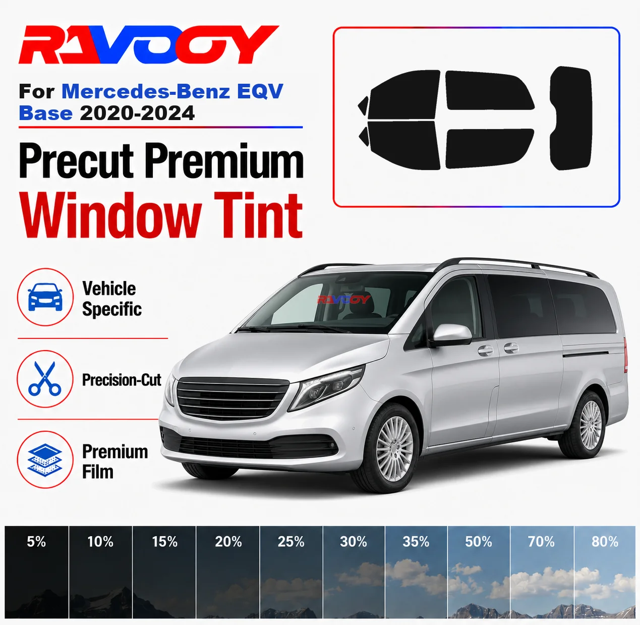 

Premium Precut Window Tint Kit Front Windows Rear Windows Rear Windshield For Mercedes-Benz EQV Base 2020-2024 Nano Ceramic Film