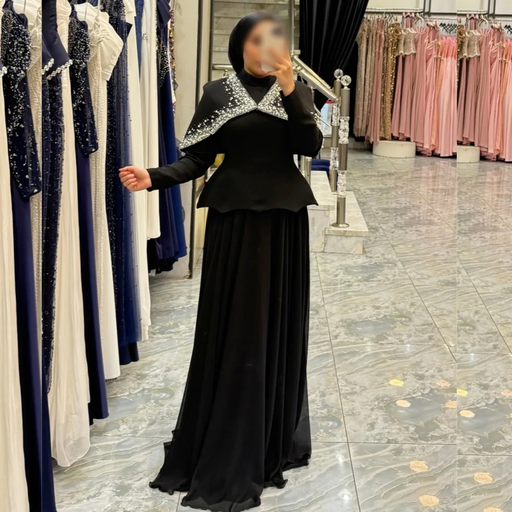 

Customized High Quality Glitter Rhinestone Long Sleeves A-line Black Long Dresses Bespoke Occasion Luxury Elegant Party Classic