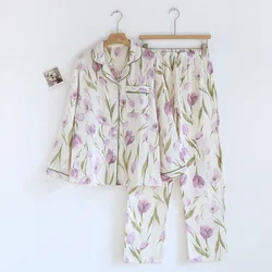 2025 New Spring and Autumn Women's Pajama Set 100% Pure Cotton Crepe Long Sleeved Pants Two piece Set Thin Home Loose Sleepwear