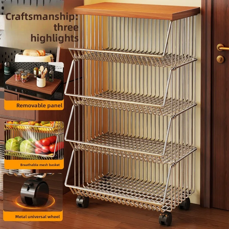 Kitchen Storage Basket Rack Multi Tier Rolling Cart Movable Organizer Fruits Vegetables Snacks Storage Cart Kitchen Trolley