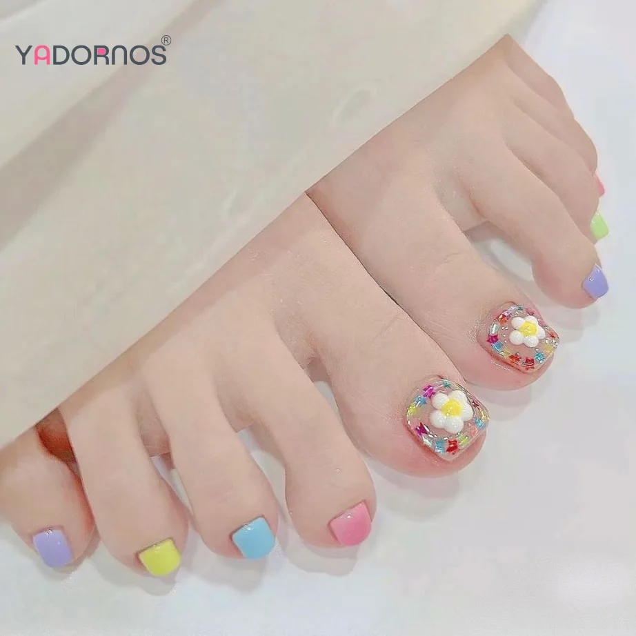 24pcs Macaron Flower Designs False Toenails Dopamine Colorful Garland Press On Nails For Foot Summer Cute Square Fake Toenail