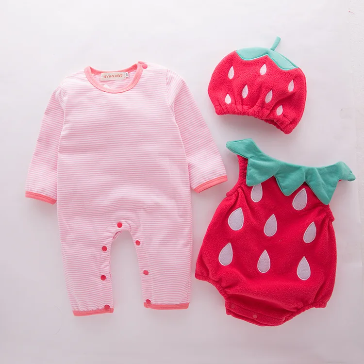 3PCS Baby 2026 New Style Girls For Newborn 0-6M Cartoon Strawberry Long Sleeve Cute Fashion Jumpsuit All Seasons +Hat