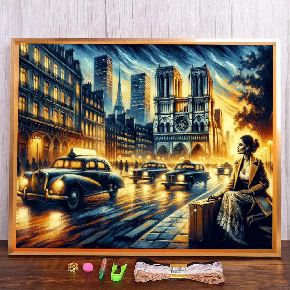 Landscape Paris Streets Pre-Printed Cross Stitch DIY Embroidery Set Needlework Handicraft Handiwork Hobby Counted Mulina Stamped