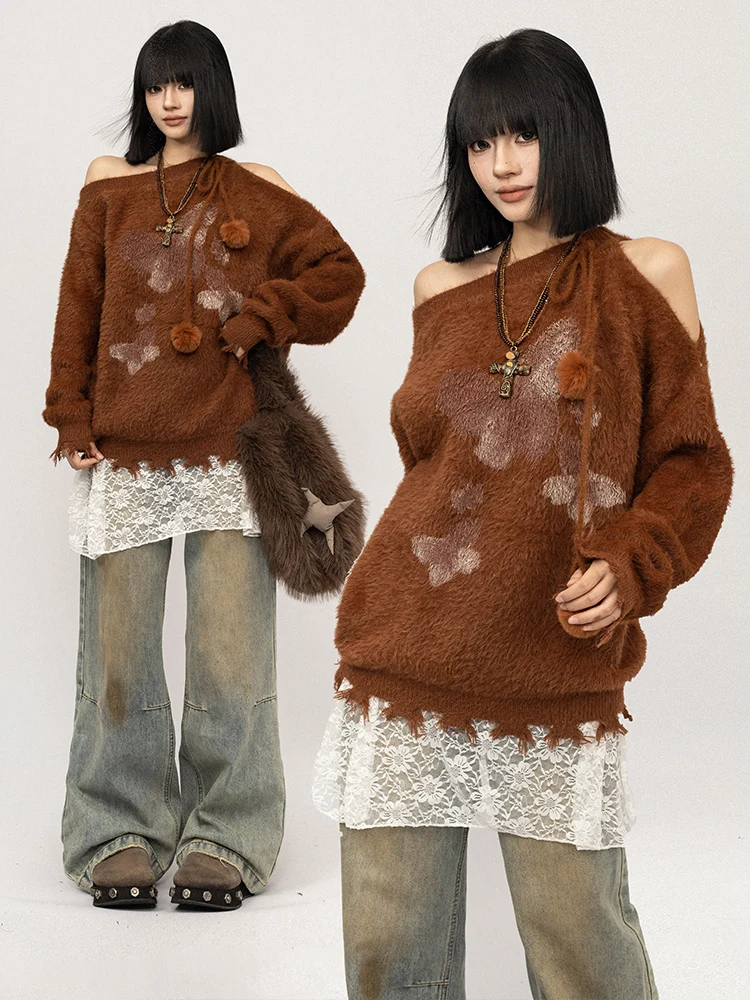 

OCTTFLAB American Retro Spicy Girl oulder Bared Loose Knitted Sweater Women Autumn Winter Lazy Sle Top