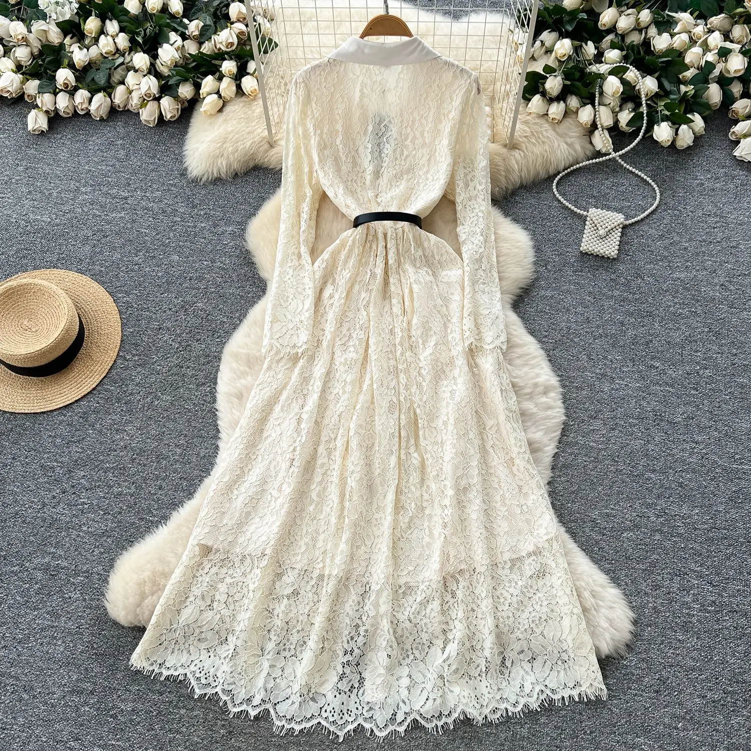 Women Tulle Dresses Lace Long Dress Apricot Wedding Ankle Lenth Full Sleeve Single Breasted Vestidos Casual Elegant 2025 Autumn