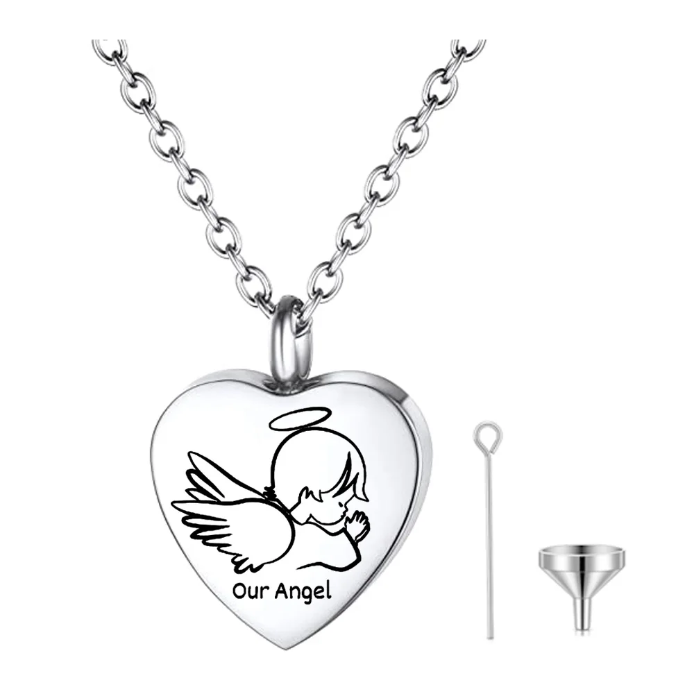 Cremation jewelry urn necklace for human ashes angel wings heart pendant necklace charm Memorial jewelry - free flannel bag