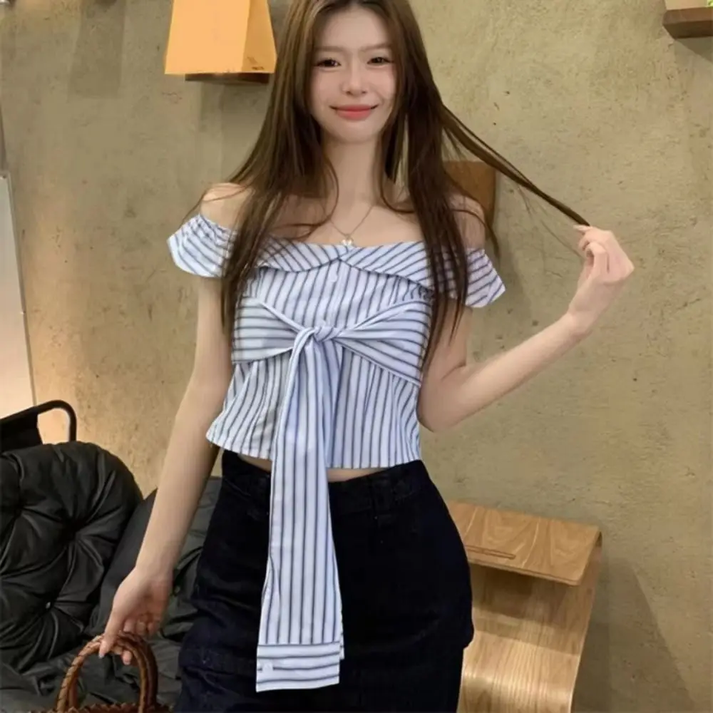Sweet Short Women Blue Stripes Blouse V-neck Korean Style Long Sleeve Shirts Blue Stripes Slim Fit Slim Buttons Shirts Travel