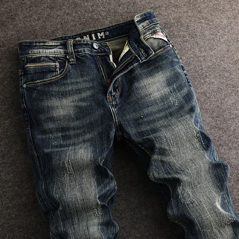 Fashion Vintage Men Jeans High Quality Retro Black Blue Stretch Slim Fit Ripped Jeans Men Embroidery Designer Trendy Denim Pants