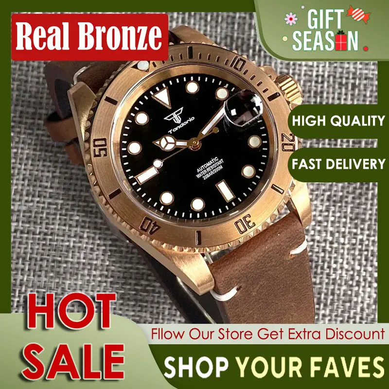 

Tandorio CUSN8 Solid Real Bronze Automatic Watch for Men NH35A PT5000 Movement 20BAR Diving Leather Strap Sapphire Crystal 40mm