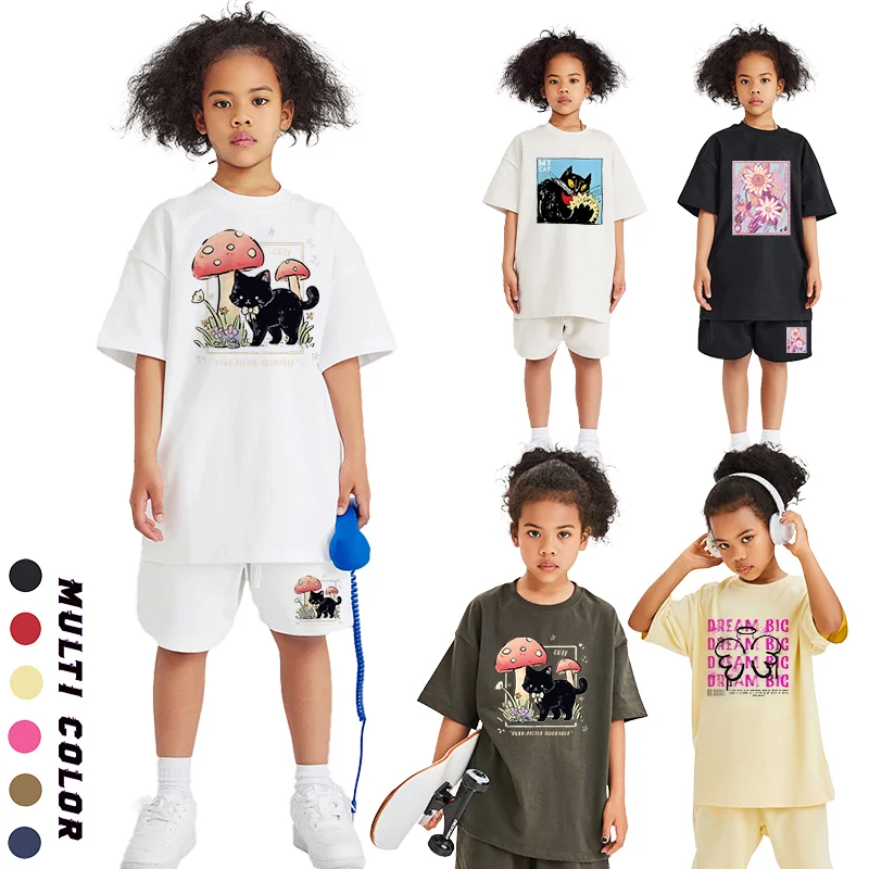 

Summer Kids Clothes Girls T-shirt Set Designer Short sleeved Child Top Cute Butterfly Cat Print Casual Vacation Tees Shorts Suit