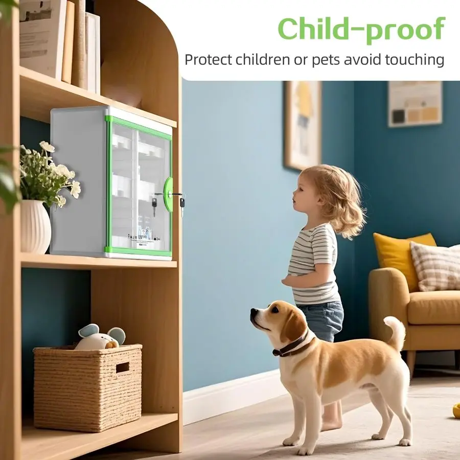 خزانة أدوية مع صندوق قفل أدوية مثبت على الحائط باللون الأخضر مقاس 15 × 6.7 × 13 بوصة حاوية تخزين محمولة بسعة كبيرة #4