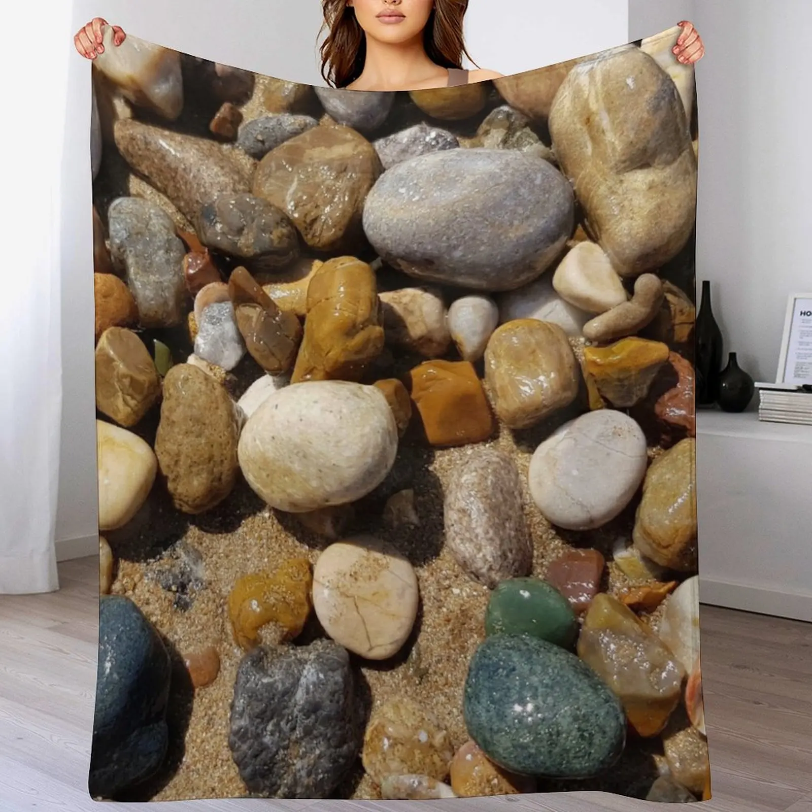 

Wet sea stones and pebbles on beach sand Throw Blanket Giant Sofa Weighted Blankets