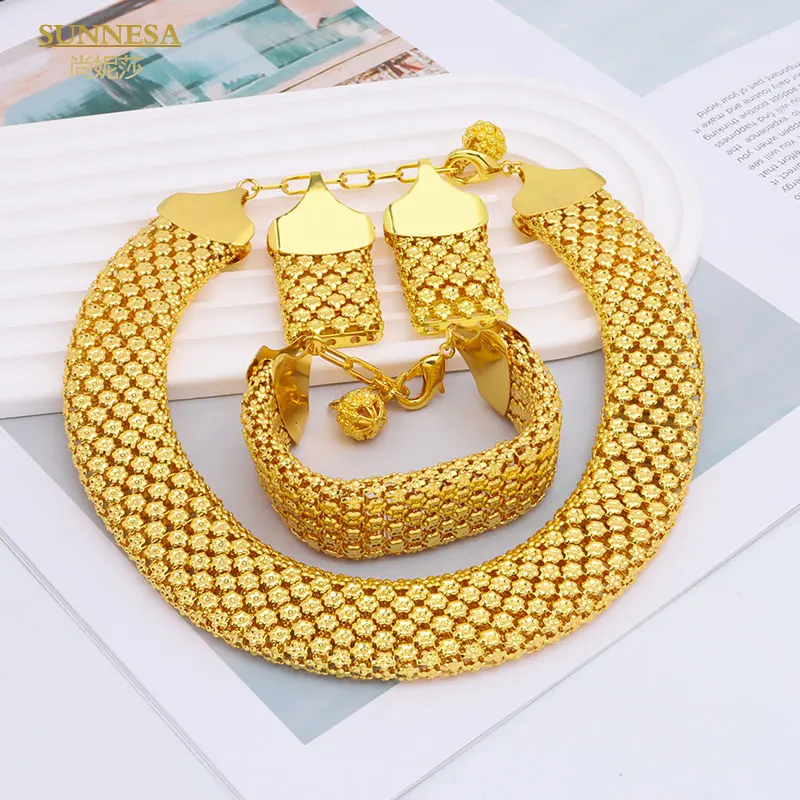 SUNNESA Trendy African Jewelry Set for Women Chunky Necklace Earrings Dubai Gold Plated Bracelet Fashion Jewellery for Party