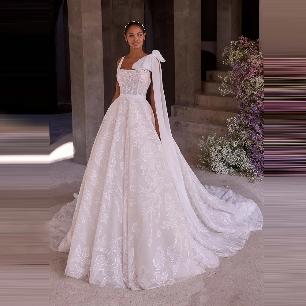 Fascinating A-Line Women Wedding Dresses Elegant Lace Print Bride Gown Princess Mopping Length Banquet Robe De Mariée Customized