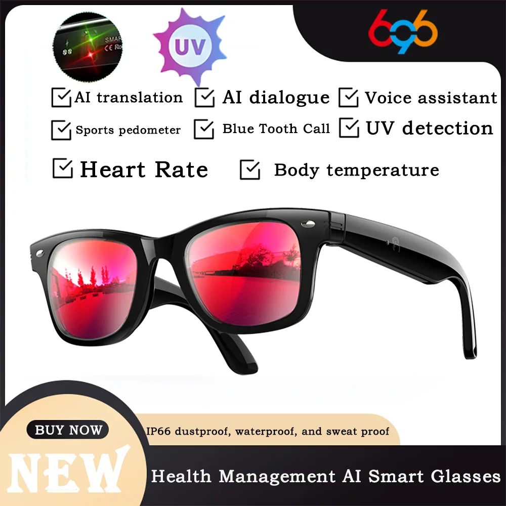 

Newest Translation AI Intelligent Glasses Heart Rate Body Temperature Health UV Detection Sports Voice Assistant Call Sunglasses