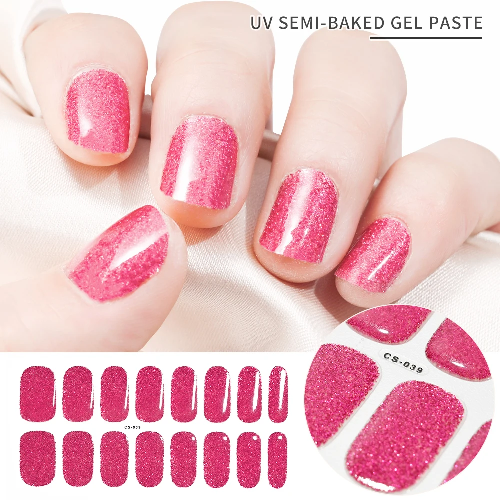 2024 # Neue halbgehärtete Gel-Nagelaufkleber, langlebig, einfarbig, Nagelstreifen, UV-Lampe, ausgehärtete Maniküre-Gel-Aufkleber, 16 Tipps