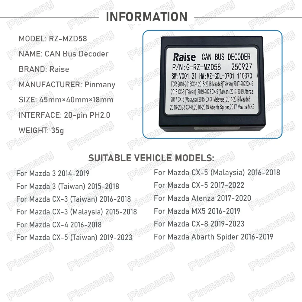 Car Radio CAN Bus Decoder RAISE G-RZ-MZD58 20-pin Black Box for Mazda 3 CX-3 CX-4 CX-5 Atenza MX5 CX-8 Abarth Spider